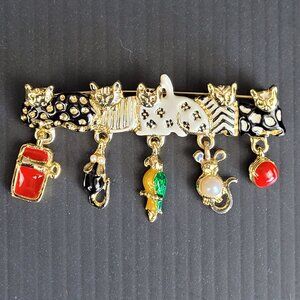 Attention cat ladies!! 2.5" enameled metal brooch with charms